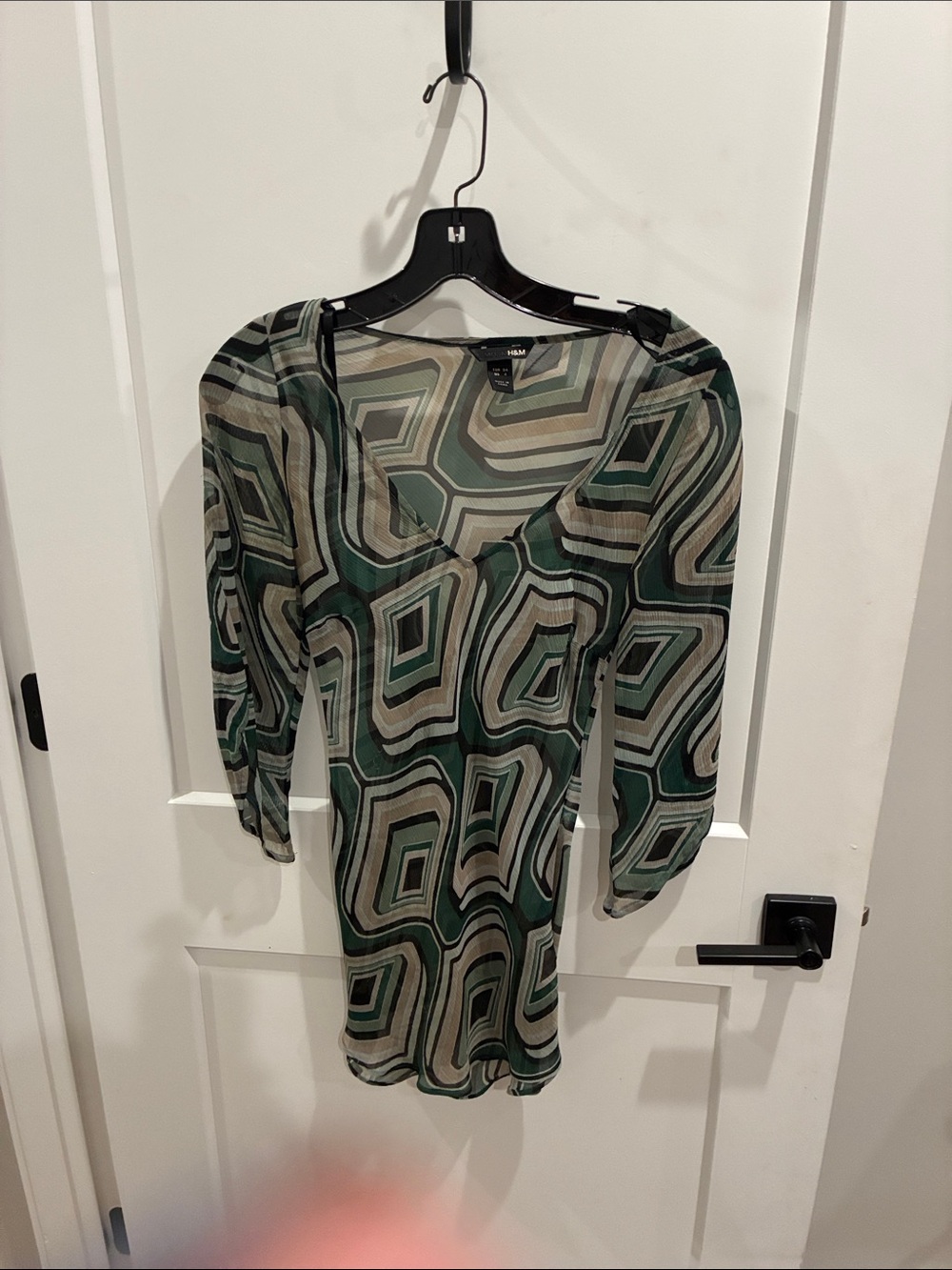 H&M Green and Beige Geometric Long Sleeve Sheer Dress